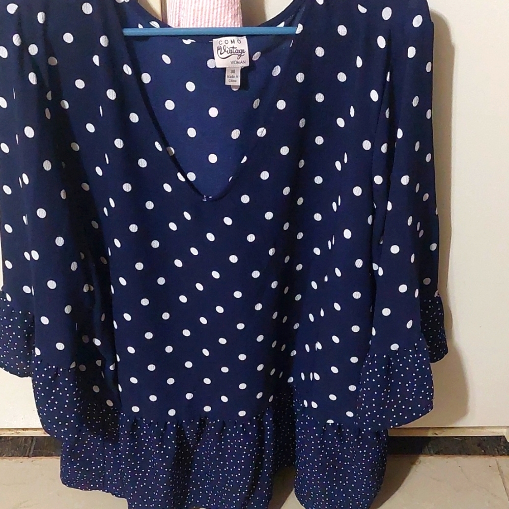 Navy blue blouse with white polka dots.  Amazingly comfortable!